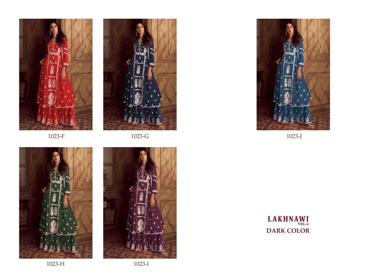 LAKHNAWI VOL 4 DARK COLOR HEAVY REYON WHITE THREAD EMBROIDERY WORK NAYRA CUT KURTI WITH PLAZZO AND NAZMIN DUPATTA BY VAMIKA BRAND INDEX